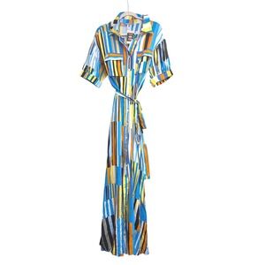 Eien‎ USA Striped Maxi Shirt Dress Geometric Multicolor Belted Large